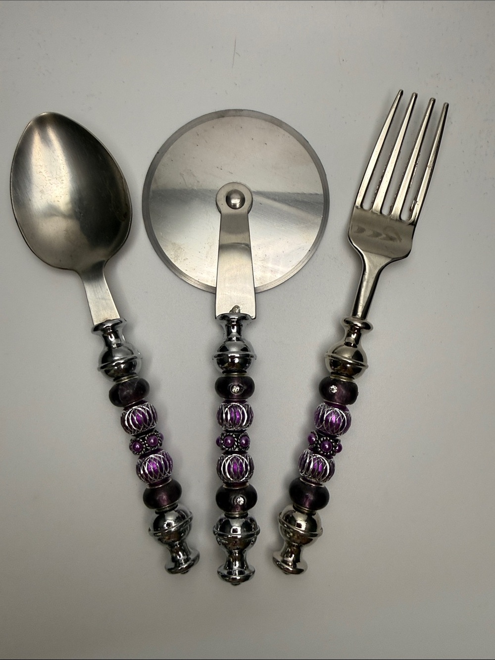 Decorative Purple Beaded Flatware Set - Spoon, Fork, Pizza Wheel
